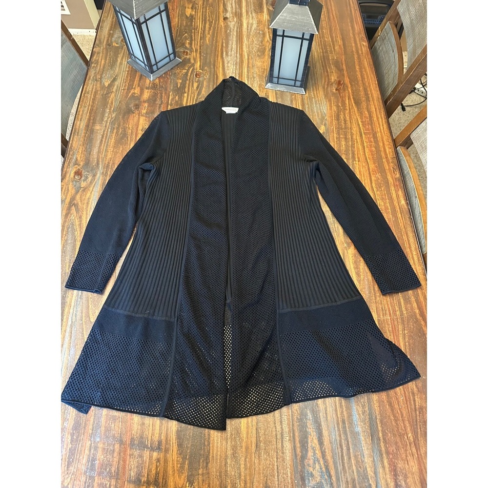 Misook Knit Duster Black Open‎ Front Cardigan Jacket Layering Size Woman's L
